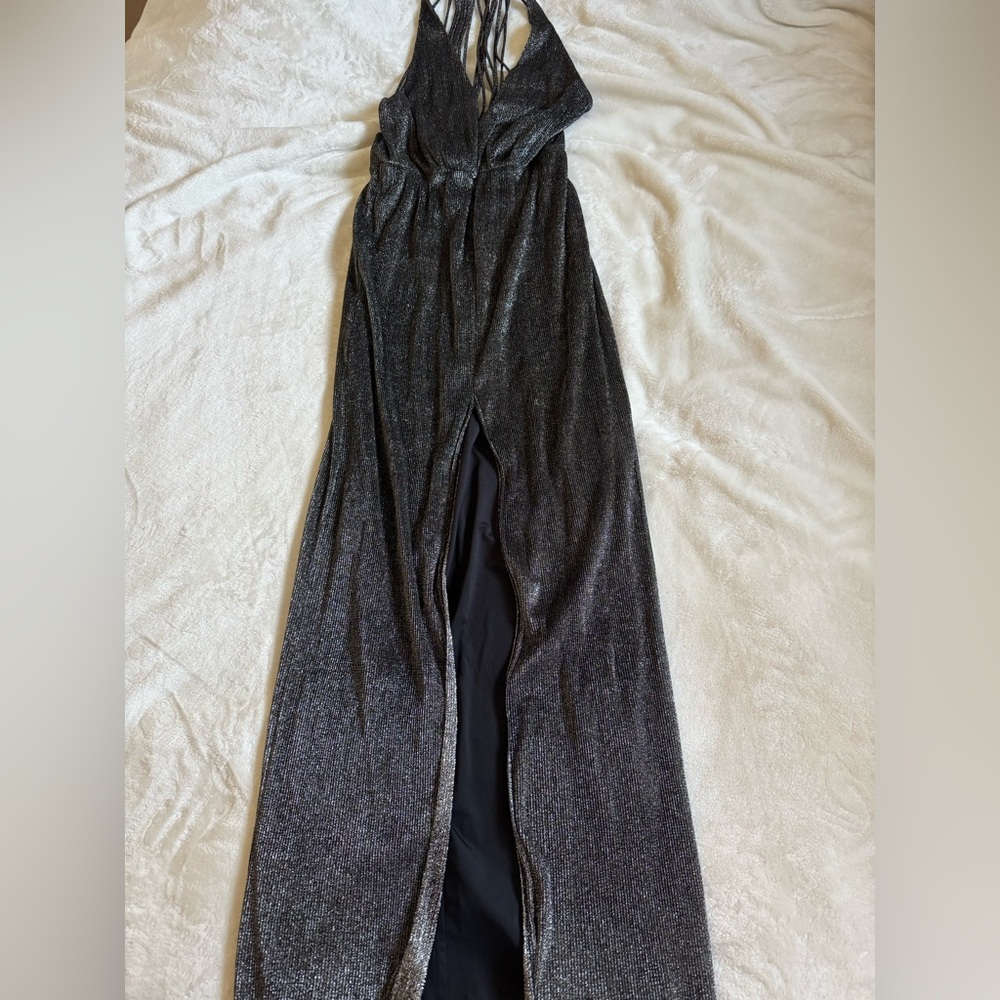 Halston Black and Silver long Dress with open sexy back and with front slit